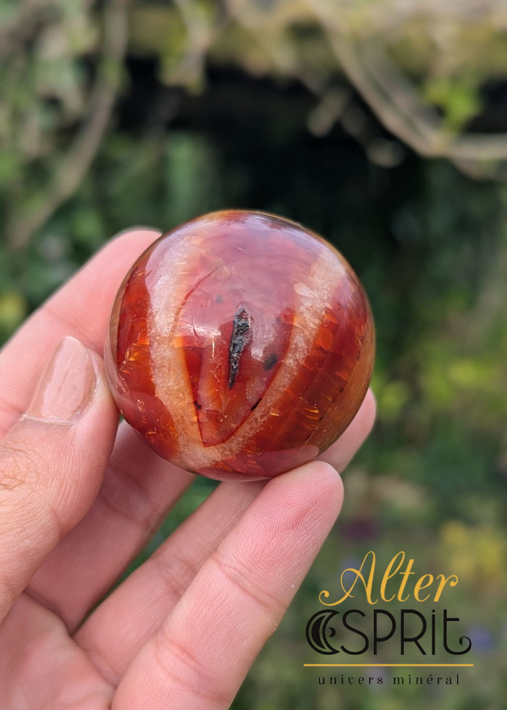 Sphère en cornaline orange rouge sanguin